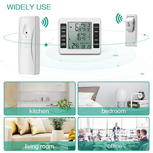 ORIA Termómetro Digital del Refrigerador, Termómetro Inalámbrico para Nevera con 2 Sensores, Termometro Congelador para Interior y Exterior con Pantalla LCD y Audible de la Alarma, Registro MAX/Min