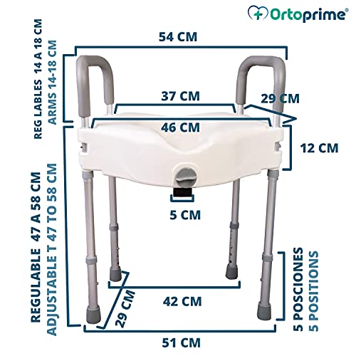 OrtoPrime Elevador WC Adultos con Reposabrazos Acolchados - Alzador wc Patas Regulables en Altura - Silla wc Medida Universal - Alza wc Baño Adaptado Cómodo y Seguro - Adaptador wc con Patas