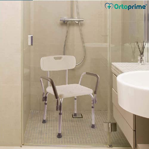 OrtoPrime Silla Ducha con Respaldo Extraible - Taburete Baño Ortopédico Adultos y Niños - Reposabrazos Acolchados - Regulable 8 Alturas - Asiento de Aseo Cómodo y Seguro