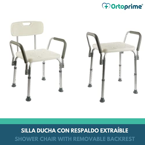 OrtoPrime Silla Ducha con Respaldo Extraible - Taburete Baño Ortopédico Adultos y Niños - Reposabrazos Acolchados - Regulable 8 Alturas - Asiento de Aseo Cómodo y Seguro