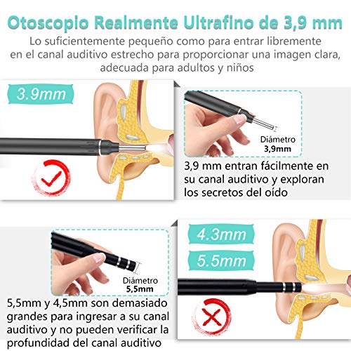 Otoscopio Digital WiFi-OVIFM 3,9mm HD Endoscopio Oido con 6 LED y Caja de Almacenamiento, Camara Endoscopica Inalámbrico con Herramienta de Limpieza de Oidos, Soporte para Movil,IPhone y Android
