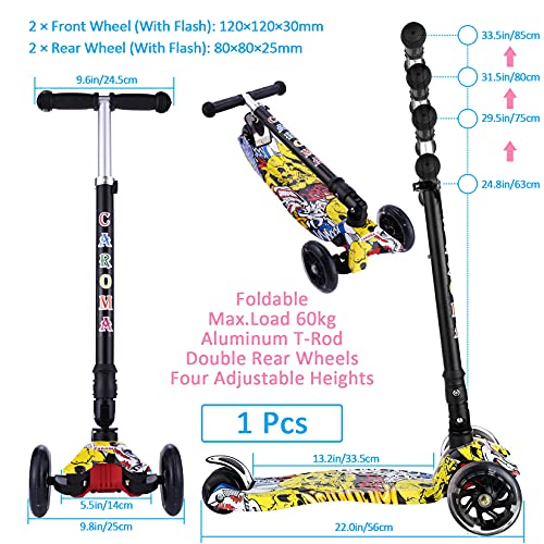 Patinete Scooter Niño 3 Ruedas para 3 a 12 Años de Niñas y Niños,Patinetes Clásicos Plegables,4 Alturas Regulables Escúter,4 Ruedas LED Iluminada,Lean To Steer,Antideslizante Ancho Pedal (Yellow)