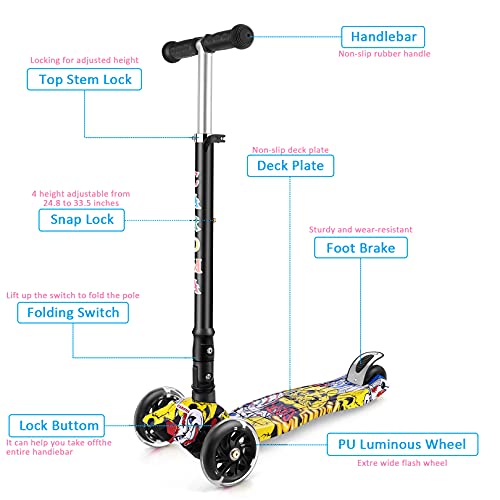 Patinete Scooter Niño 3 Ruedas para 3 a 12 Años de Niñas y Niños,Patinetes Clásicos Plegables,4 Alturas Regulables Escúter,4 Ruedas LED Iluminada,Lean To Steer,Antideslizante Ancho Pedal (Yellow)
