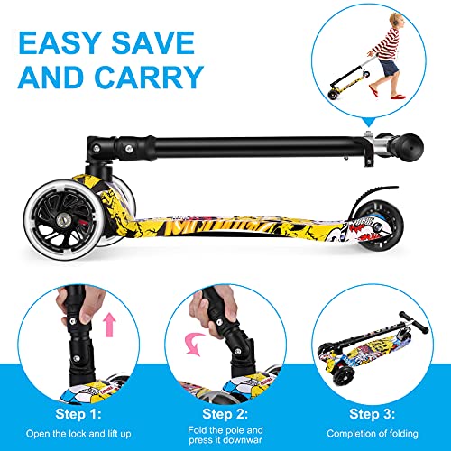 Patinete Scooter Niño 3 Ruedas para 3 a 12 Años de Niñas y Niños,Patinetes Clásicos Plegables,4 Alturas Regulables Escúter,4 Ruedas LED Iluminada,Lean To Steer,Antideslizante Ancho Pedal (Yellow)