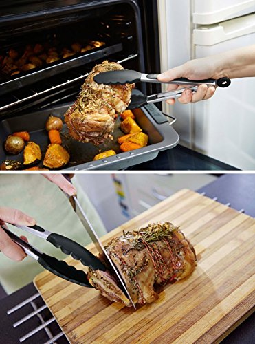 Pinzas de Cocina, GWCLEO Pinzas para Barbacoa en Acero Inox y Silicona, Pinzas para Ensalada y Servir con Consejos sin Rasguños y Mangos de Cojín de Silicona Anti-Deslizante(Negro, 9 y 12 Pulgadas)