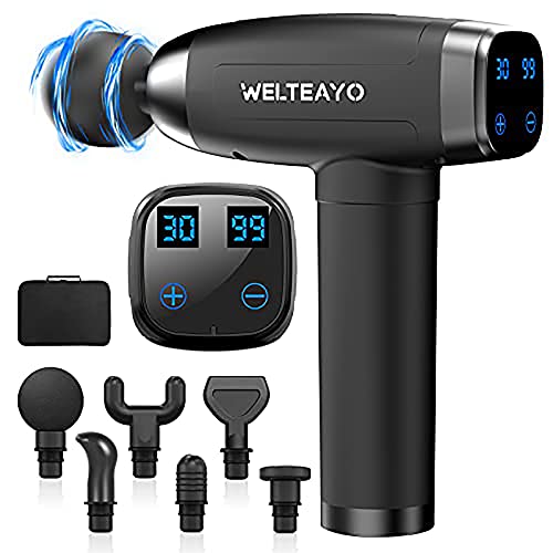 Pistola de Masaje Muscular, WELTEAYO Masajeador de Músculos de Tejido Profundo con 30 Niveles Ajustables, 6 Cabezales de Masaje, 3500 RPM, Ultra Silenciosos para Relajación Fatiga (A-Negro)