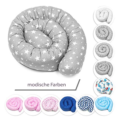Protector cuna chichonera 150 cm - Cama Bebé Cojín Parachoques Torre de Cama Cojín y de Bebé Cuna Serpiente Protector A Gris con estrellas blanca