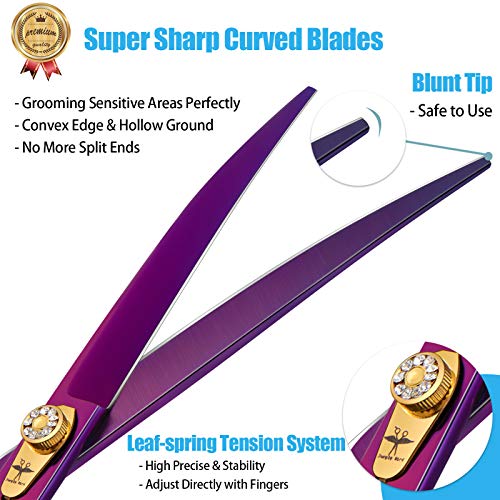 PurPLEBIRD - Tijeras de corte para perros curvadas hacia abajo, de 8 pulgadas, de seguridad, sin ruido, punta roma, para perros, gatos, acero inoxidable japonés, color morado…