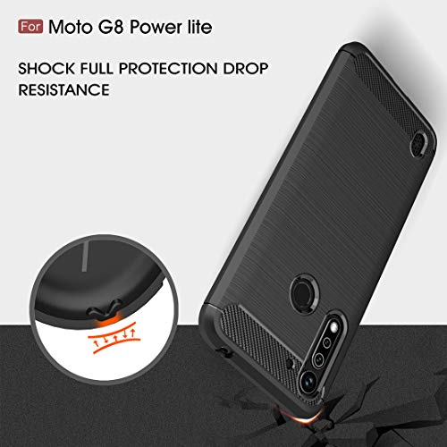 PZEMIN Caso para Motorola Moto G8 Power Lite Funda Silicona TPU Fibra de Carbono Suave Estuche (6.5") + Vidrio Templado Protector de Display Membrana (1 Negro Carcasa,2 Película Protectora)