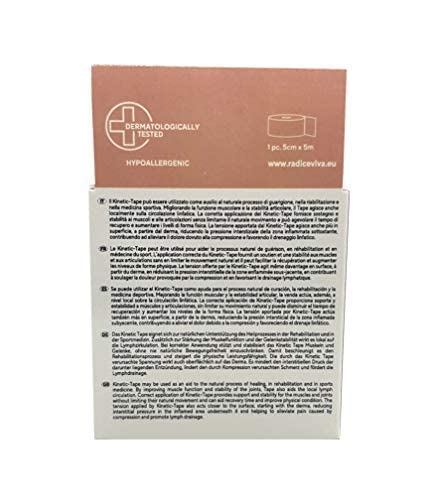 RADICEVIVA Kinesio - Cinta adhesiva elástica muscular para kinesiotherapy, 5 cm x 5 m, con instrucciones de uso (idioma español no garantizado), ideal para atletas y deportes (color piel)