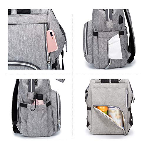 Ramotto Mochila de Pañales, Bolsa de Pañales Multifuncional de Gran Capacidad, Bolsos Cambiadores Pañales con USB Puerto de Carga 2 Ganchos de Cochecito y Bolsa de Preservación de Calor (Gris)