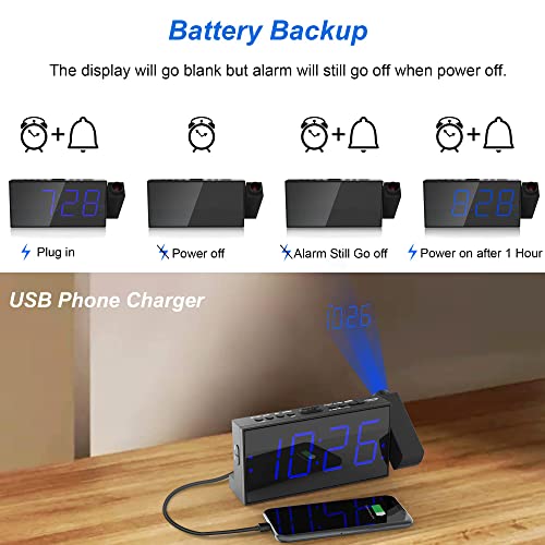 Reloj Despertador de Proyección Digital para Techo de Dormitorios, Reloj con Proyector, Atenuador y Pantalla LED, Timbre Ajustable, Alarmas Duales para Pared, Niños, Personas Mayores con Sueño Pesado