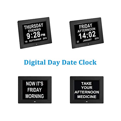Reloj despertador digital con calendario de día - 8 alarmas, Alzheimer reloj con problemas de visión para ancianos/personas mayores (8 pulgadas), color negro