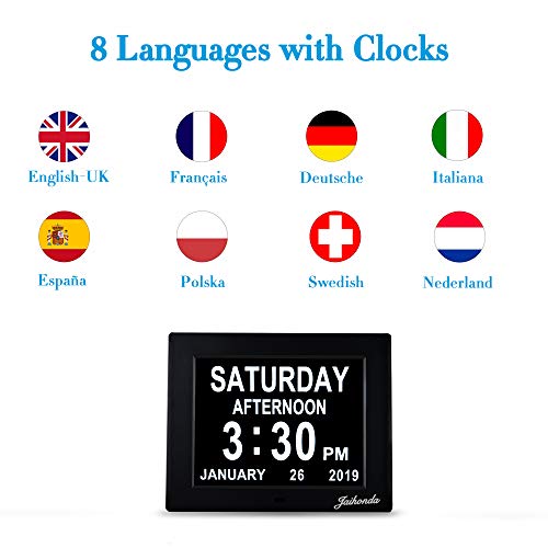 Reloj despertador digital con calendario de día - 8 alarmas, Alzheimer reloj con problemas de visión para ancianos/personas mayores (8 pulgadas), color negro