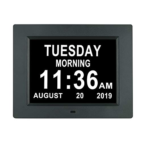 Reloj despertador digital con calendario de día - 8 alarmas, Alzheimer reloj con problemas de visión para ancianos/personas mayores (8 pulgadas), color negro