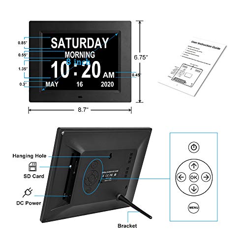Reloj despertador digital con calendario de día - 8 alarmas, Alzheimer reloj con problemas de visión para ancianos/personas mayores (8 pulgadas), color negro