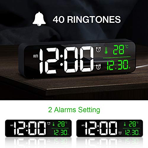 Reloj Despertador Digital, Reloj de Pared con Temperatura Tiempo Fecha, 10" Gran Pantalla LED Espejo Reloj Digital con 2 Alarma 40 Música 6 Niveles de Brillo USB Puerto, Negro
