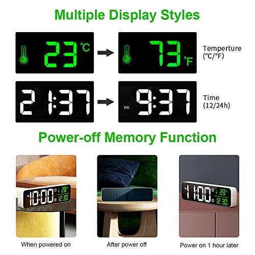 Reloj Despertador Digital, Reloj de Pared con Temperatura Tiempo Fecha, 10" Gran Pantalla LED Espejo Reloj Digital con 2 Alarma 40 Música 6 Niveles de Brillo USB Puerto, Negro