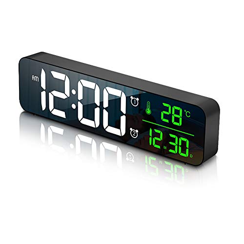 Reloj Despertador Digital, Reloj de Pared con Temperatura Tiempo Fecha, 10" Gran Pantalla LED Espejo Reloj Digital con 2 Alarma 40 Música 6 Niveles de Brillo USB Puerto, Negro