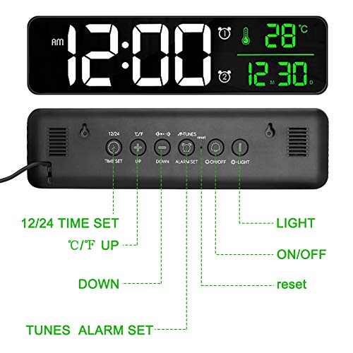 Reloj Despertador Digital, Reloj de Pared con Temperatura Tiempo Fecha, 10" Gran Pantalla LED Espejo Reloj Digital con 2 Alarma 40 Música 6 Niveles de Brillo USB Puerto, Negro