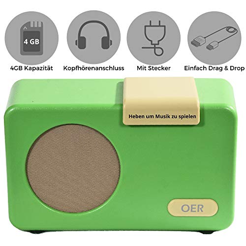 Reproductor de música (verde) con la música de una radio retro, especialmente diseñado para personas con demencia, muy fácil de usar para personas mayores, escuchar música de forma independiente.
