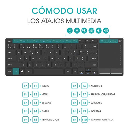 Rii K22 Teclado miniSlim Multimedia. Función inalámbrica 2.4GHz, Cubierta Ultra-Resistente de aleación de Aluminio y batería de Ion-Litio para PC, portátil, Raspberry Pi2/Pi3, Smart TV, Android Box.