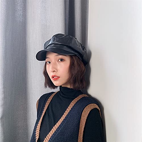 ROUBER Sombrero Femenino del Invierno Octogonal Tapa de Cuero de la PU Complejo Gubei Lei Inglaterra Tapa de Corea Japón ins informado de la Tapa del Muelle (Color : Black, Size : M)