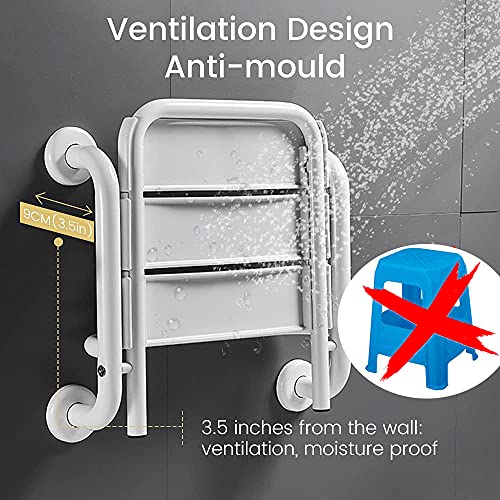 RYUNQ Asiento de Ducha Plegable para baño, Silla de Ducha con apoyabrazos Montado en la Pared, Asiento de Pared de Ducha para Ancianos, Minusválido, Mujer Embarazada, Carga Máxima 150 KG, Blanco
