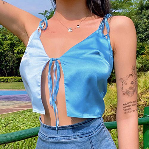 S-TROUBLE Correa con Cordones para Mujer Top sin Mangas Crop Top Contraste Color Azul Patchwork Imitación Seda Camisola Frente Abierto Vendaje Sling Chaleco Streetwear