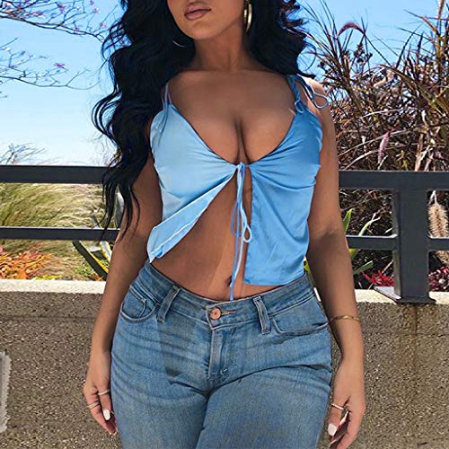 S-TROUBLE Correa con Cordones para Mujer Top sin Mangas Crop Top Contraste Color Azul Patchwork Imitación Seda Camisola Frente Abierto Vendaje Sling Chaleco Streetwear