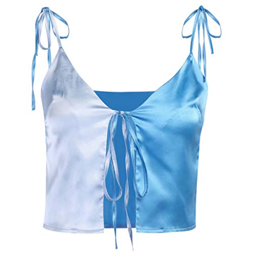 S-TROUBLE Correa con Cordones para Mujer Top sin Mangas Crop Top Contraste Color Azul Patchwork Imitación Seda Camisola Frente Abierto Vendaje Sling Chaleco Streetwear