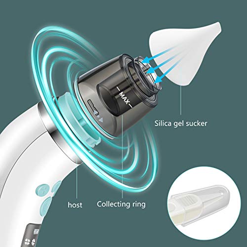Sacamocos bebe，Aspirador nasal bebes，Pantalla LED de carga USB con 3 niveles de succión, 4 tamaños de cabezal de silicona, aspirador nasal neonatal portátil