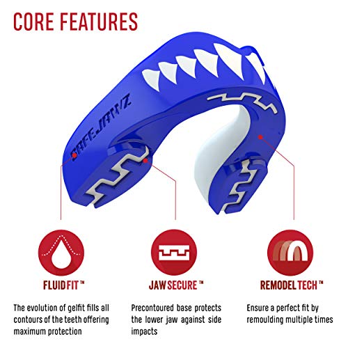 SAFEJAWZ Protector bucal Adultos y niños para Todos los Deportes de Contacto, incluidos Rugby, MMA, Artes Marciales de Kickboxing, Judo, Hockey y Boxeo (Shark, Júnior (hasta 11 Años))