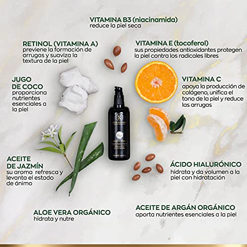 Serum Facial de Retinol ORGÁNICO y Vegano - 100ml - Sistema 3-Retinol de Liberación Sostenida con un Complejo de 25% de Vitamina C, Acido Hialuronico, Aloe vera –Hecho en Alemania