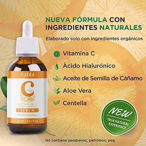 Sérum Vitamina C Facial 60 ml con Ácido Hialurónico Puro Aceite de Semillas de Cáñamo Antiedad Antiarrugas y Antimanchas para Cara y Contorno de Ojos Ideal para Jade Roller o Dermaroller