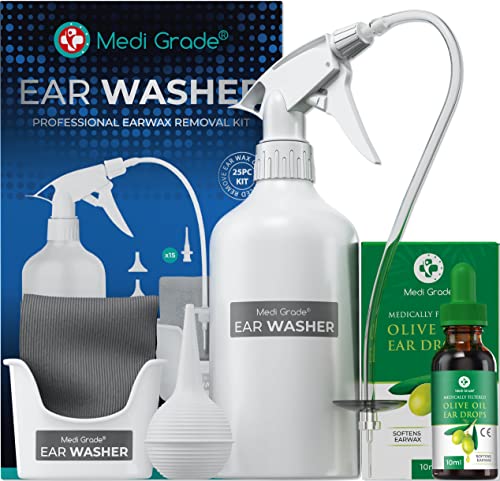 Set para Limpiar Oídos, Frasco 500 ml + Jeringa Grande y Conos para los Oídos + Gotas de Aceite de Oliva 100 %, Kit de Limpieza de Oídos de Medi Grade, Elimina Tapones de Oídos en Adultos y Niños…