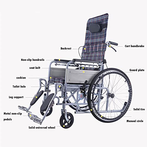 Silla de ruedas portátil, sistema de freno doble, diseño reclinable total de 180 °, plegable y fácil de colocar en el maletero del automóvil, capacidad de carga 100 kg, con cinturón de segu