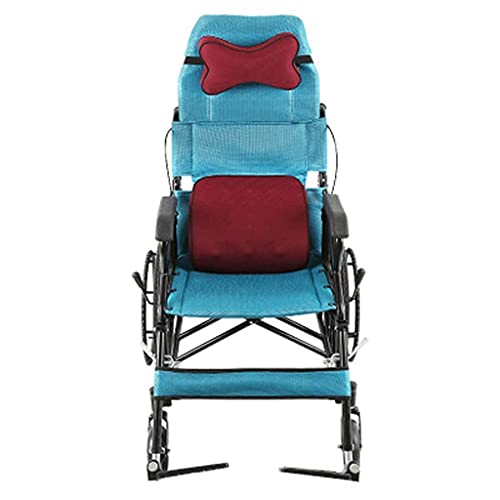 Silla de Ruedas Respaldo Alto Semi Reclinable Plegable Portátil Cómodo Autopropulsado Azul