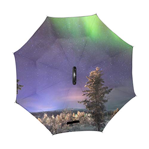Silla de sombrilla Plegable Invertida de Doble Capa Paraguas Verde Espectacular Aurora Boreal Sombrilla Reversible compacta Invertida Cochecito Cochecito a Prueba de Viento Protección contra la lluvi