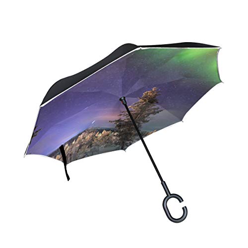 Silla de sombrilla Plegable Invertida de Doble Capa Paraguas Verde Espectacular Aurora Boreal Sombrilla Reversible compacta Invertida Cochecito Cochecito a Prueba de Viento Protección contra la lluvi