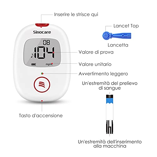 Sinocare Medidor de Glucosa en Sangre, Kit de Prueba de Glucosa en Sangre, 25 x Tiras de Prueba de Glucosa en Sangre y Dispositivo de Punción - mg/dL (Safe AQ Voice)