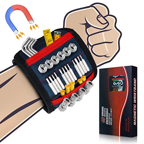 Sinwind Muñequera Magnetica Con 15 Potentes Imanes, Regalos de Navidad para hombres, Diseñado para Pequeñas de Manitas carpintería,Que Sostienen Tornillo,Clavos,Perno,Broca (negro)