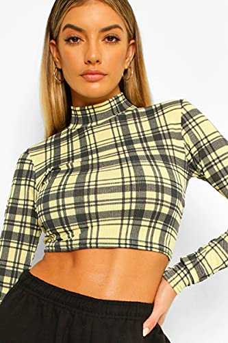 SLYZ Mujeres Europeas Y Americanas De Manga Larga De Cuello Alto Sexy con Estampado De Cuadros Umbilicales Vendaje Hueco Camiseta Top Mujeres