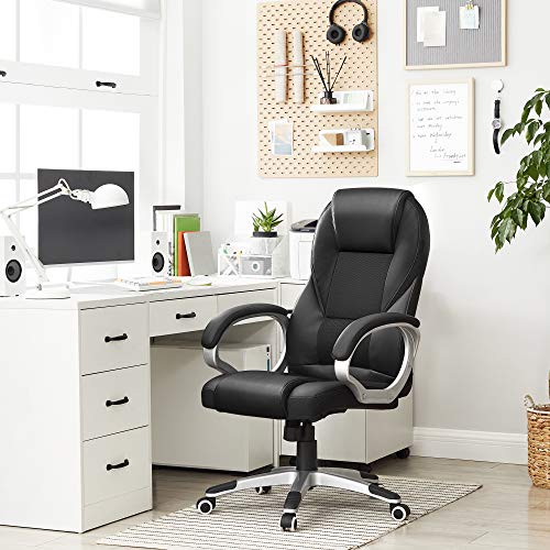 Songmics OBG22B-Silla de Oficina giratoria (Altura Regulable, Acolchada), Piel sintética, Negro, 76x66x32