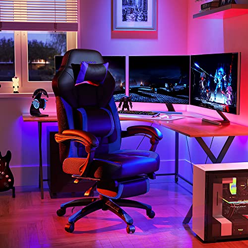SONGMICS Silla Gaming, Silla de Oficina, para Carreras, con Reposapiés, Diseño Ergonómico, Reposacabezas Ajustable, Soporte Lumbar, Carga de 150 kg, Azul y Negro OBG77BU