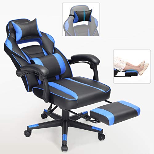 SONGMICS Silla Oficina, Silla Racing Ergonómica, con Reposapiés Telescópico, Respaldo Ajustable, Reposacabezas y Soporte Lumbar, Capacidad de Carga de 150 kg, Negro y Azul OBG073B04