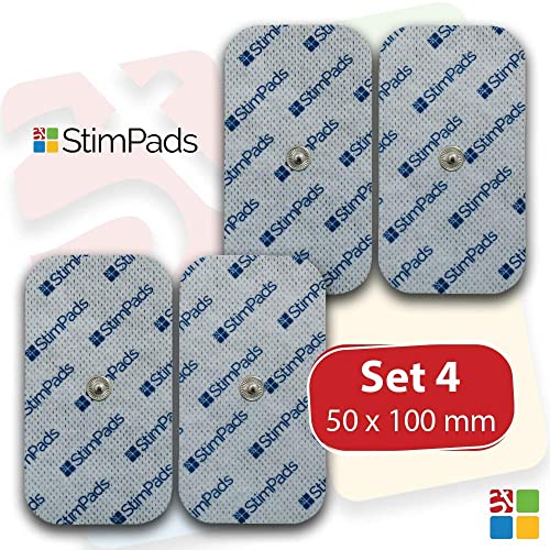 StimPads, 50X100mm, Pack de 4 Unidades de Alto Rendimiento, electrodos TENS - EMS de Larga duración con Conector Universal Tipo Snap de 3.5mm