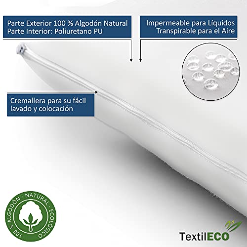 TextilECO Funda de Almohada. 100 % Algodon Natural Transpirable. Cremallera Lateral. Base Poliuretano PU Impermeable. Tacto Pluma Higienica Antiacaros Lavable. Respira. 105 cm