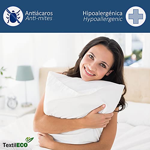 TextilECO Funda de Almohada. 100 % Algodon Natural Transpirable. Cremallera Lateral. Base Poliuretano PU Impermeable. Tacto Pluma Higienica Antiacaros Lavable. Respira. 105 cm