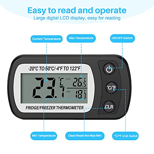 Thlevel Termómetro para Frigorífico Termómetro de Frigorífico Congelador Impermeable con Gancho, Pantalla LCD Fácil de Leer, Función de Registro Máximo/Mínimo (negro 2pcs)